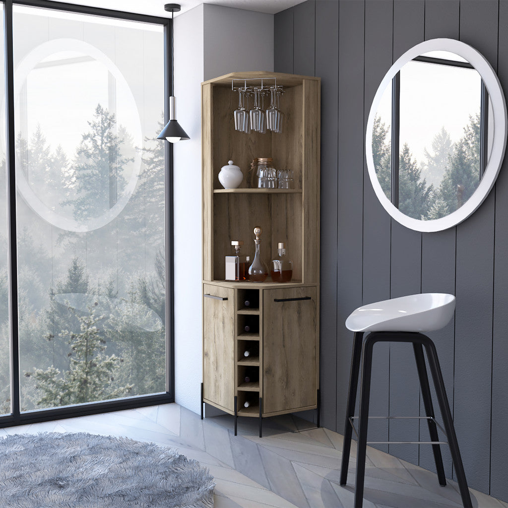 71" Natural Wood Corner Bar Cabinet With Two Doors