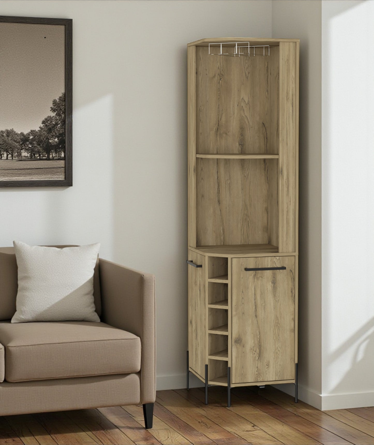 71" Natural Wood Corner Bar Cabinet With Two Doors