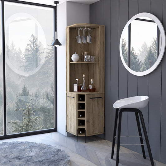 71" Natural Wood Corner Bar Cabinet With Two Doors